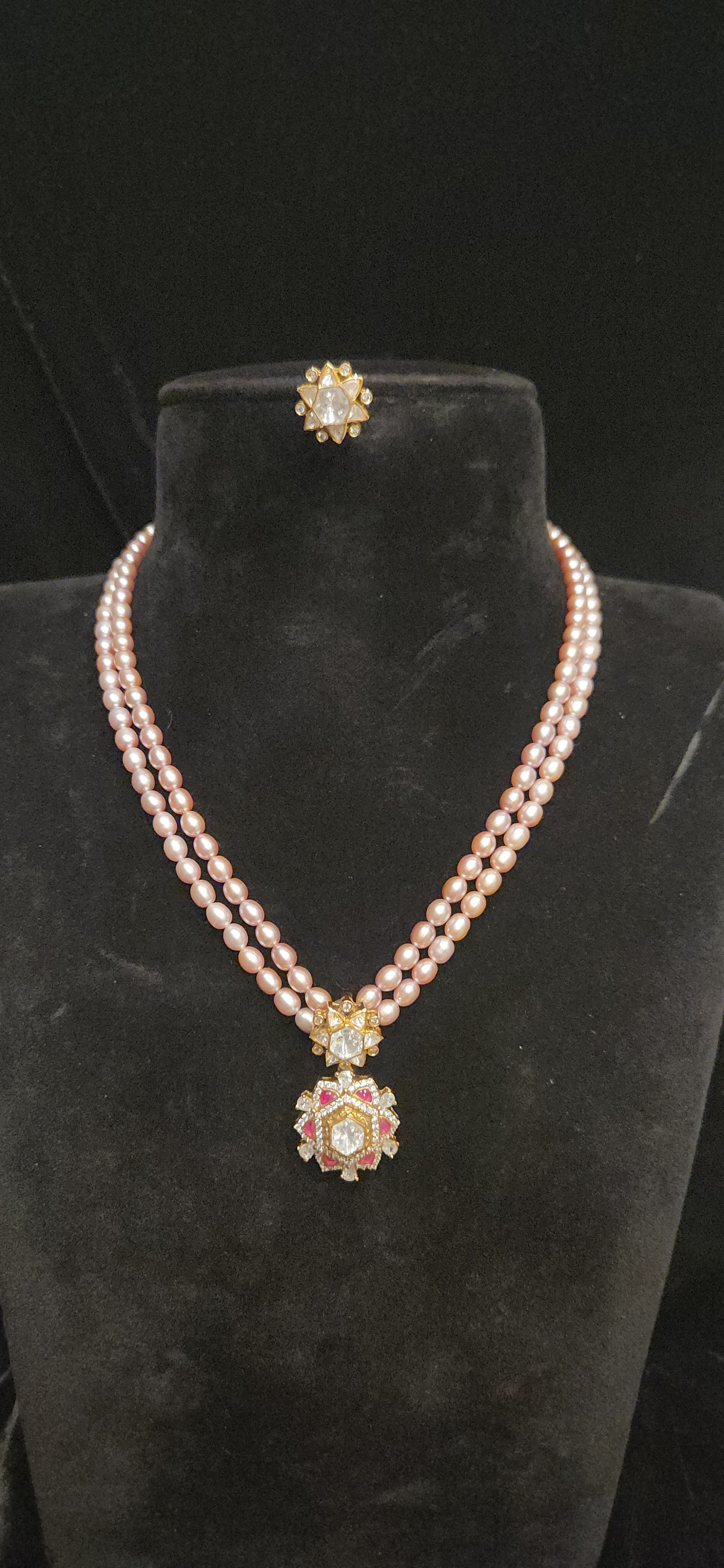 92.5 Silver Star Kundan Pendant with Baby Pink pearls Mala
