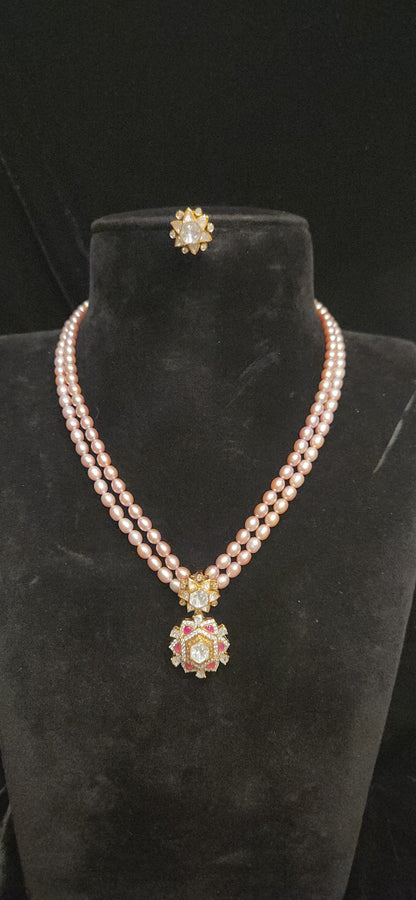 92.5 Silver Star Kundan Pendant with Baby Pink pearls Mala
