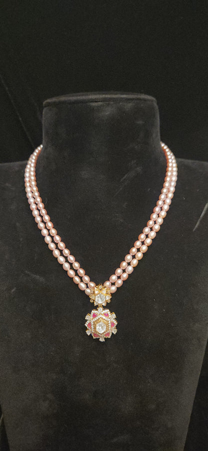 92.5 Silver Star Kundan Pendant with Baby Pink pearls Mala