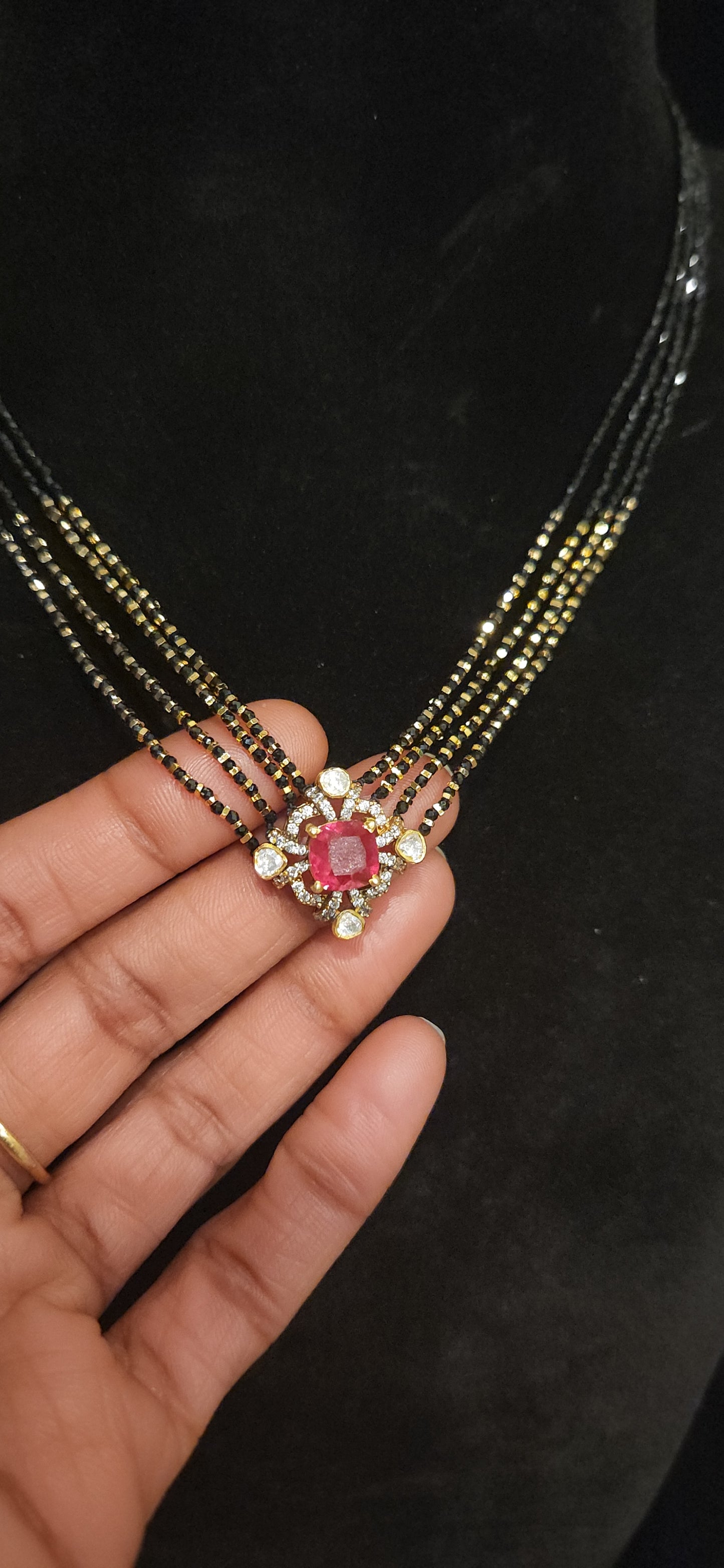 92.5 Silver Ruby Pendant Black Beads Cain