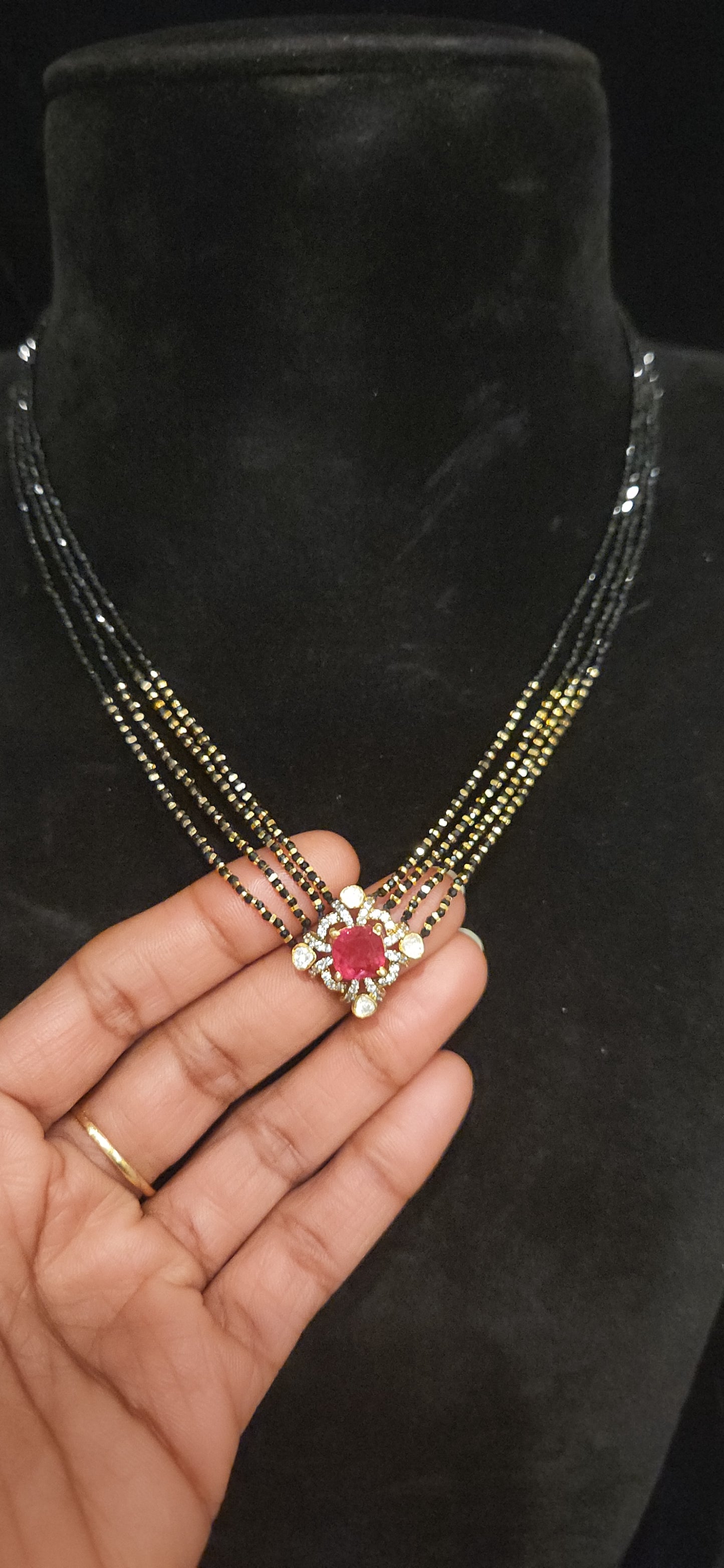 92.5 Silver Ruby Pendant Black Beads Cain