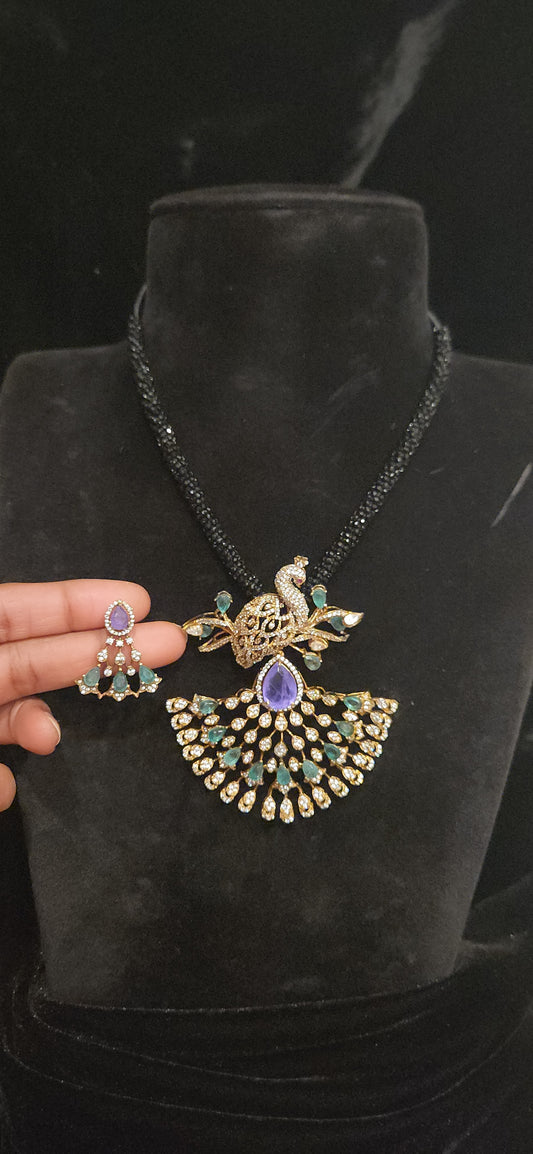 Regal 92.5 Silver Emerald Peacock Pendant Set