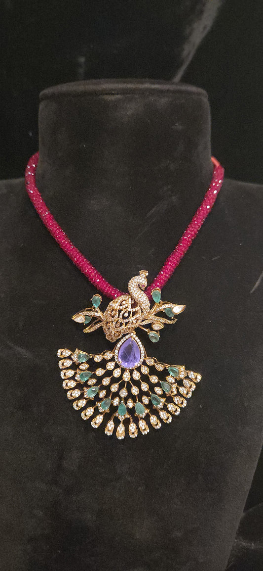 Regal 92.5 Silver Emerald Peacock Pendant Set