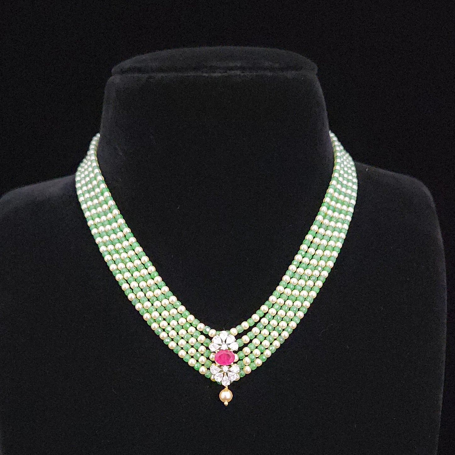 Regal 5 Layered CZ bead and Swarovski pearl Mala with 92.5 Silver Floral Pendant