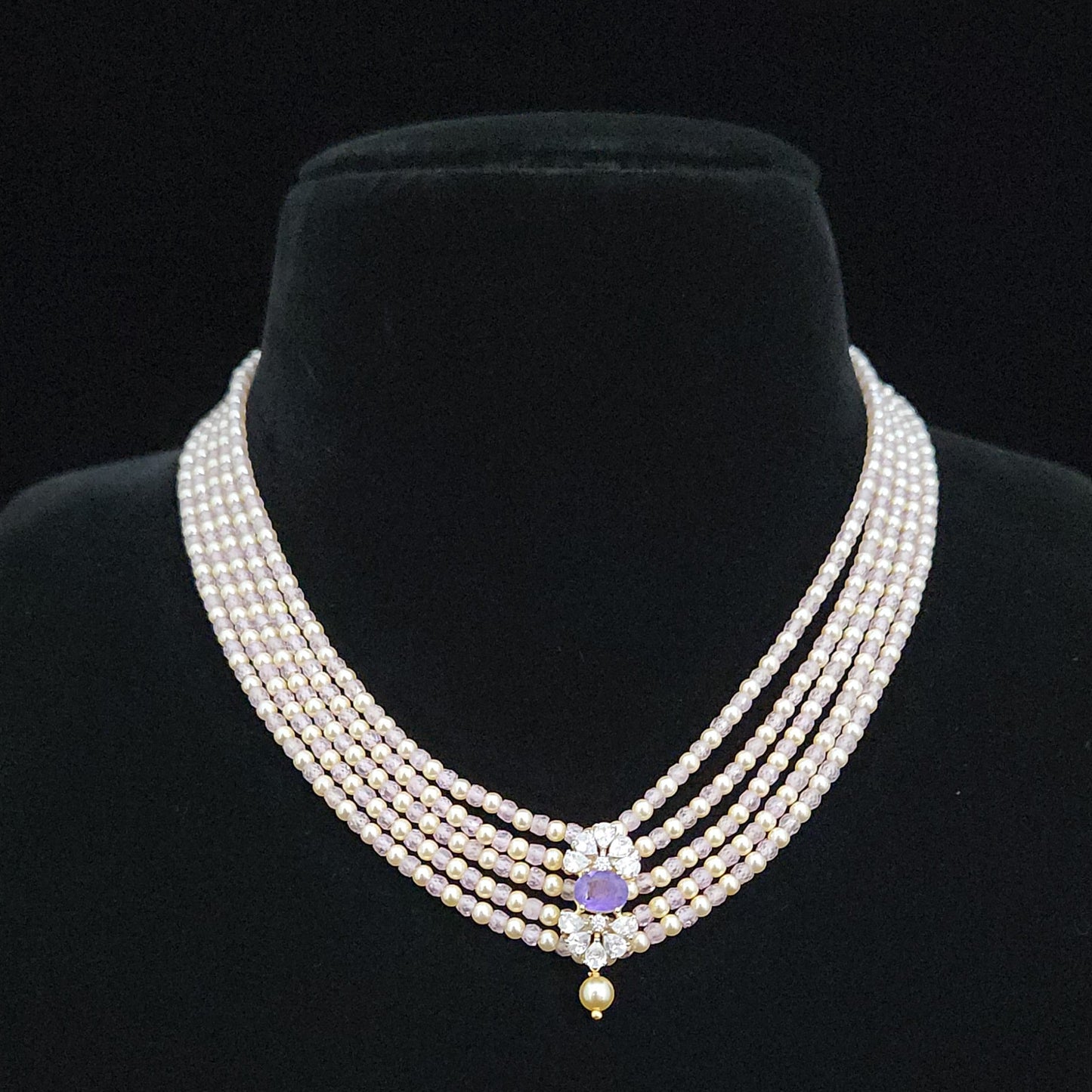 Regal 5 Layered CZ bead and Swarovski pearl Mala with 92.5 Silver Floral Pendant