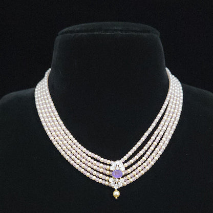 Regal 5 Layered CZ bead and Swarovski pearl Mala with 92.5 Silver Floral Pendant