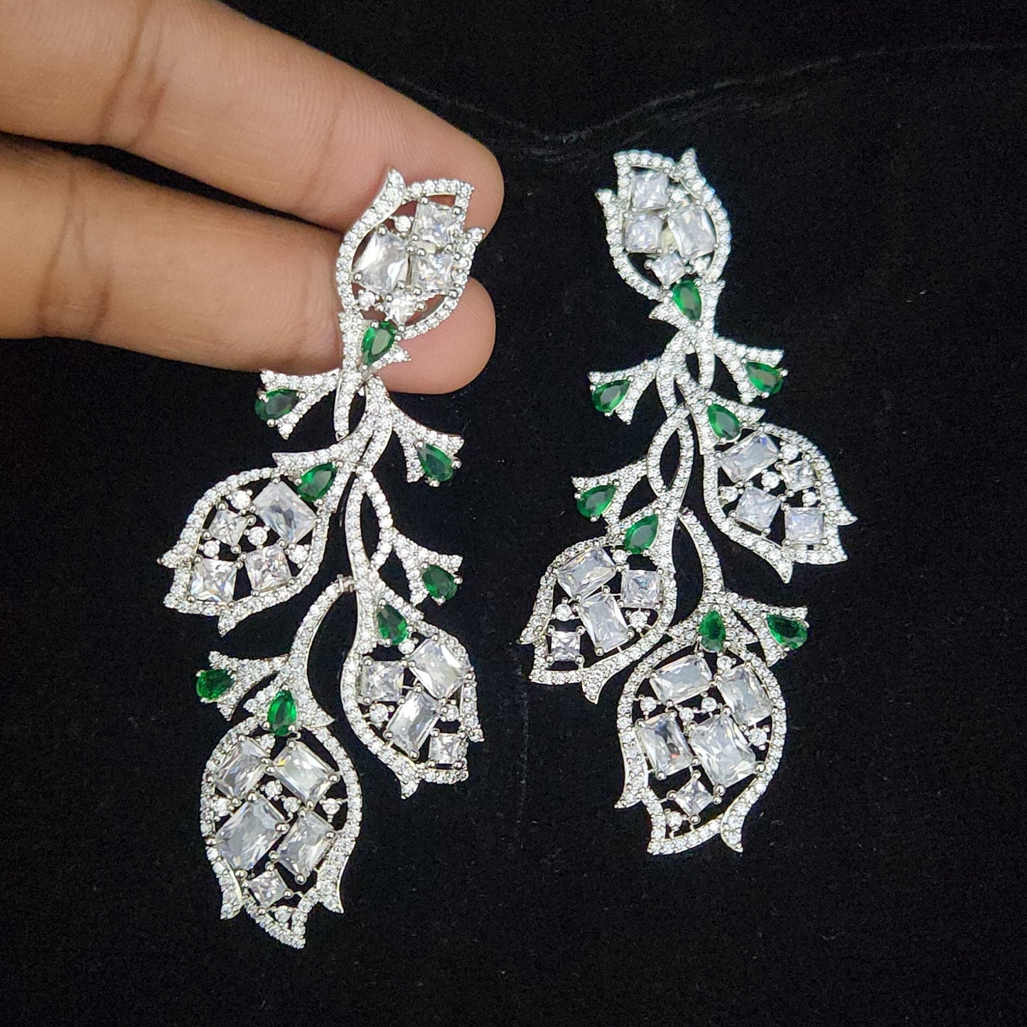 Elegant Floral Emerald and CZ Designer Earrings