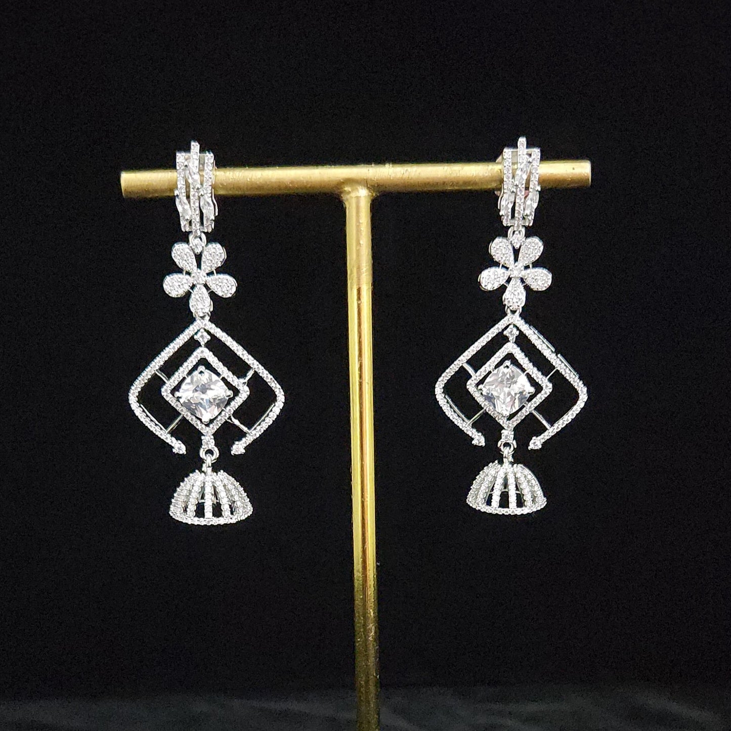 Contemporary Floral Rhombus CZ Designer Earrings