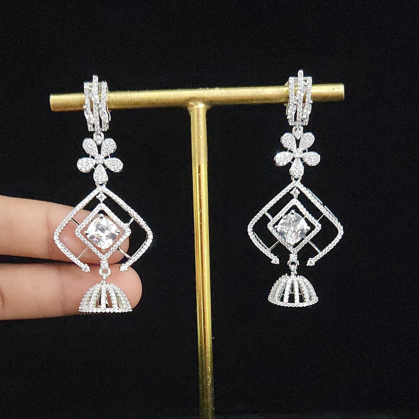 Contemporary Floral Rhombus CZ Designer Earrings