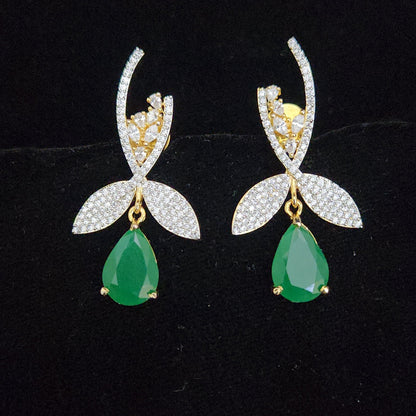 Elegant Emerald Drop and CZ Leaf Branch Earrings