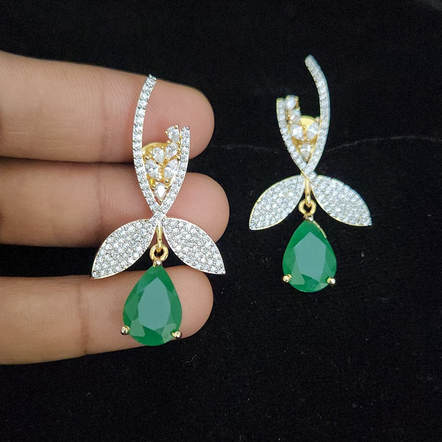 Elegant Emerald Drop and CZ Leaf Branch Earrings