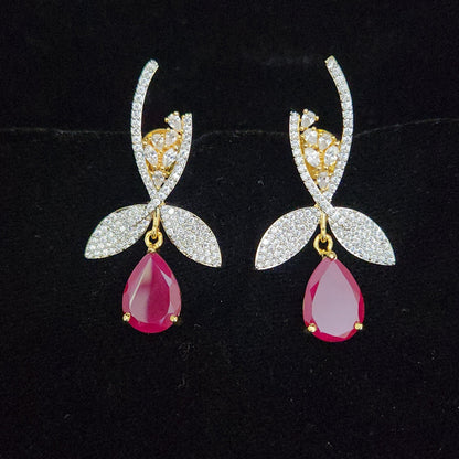 Elegant Emerald Drop and CZ Leaf Branch Earrings