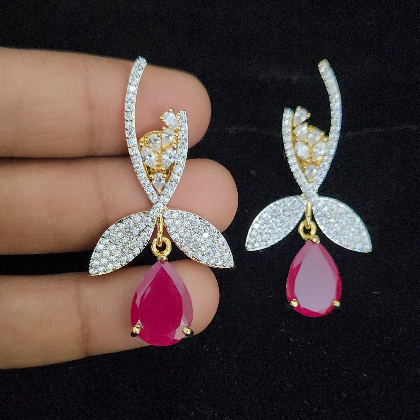 Elegant Emerald Drop and CZ Leaf Branch Earrings