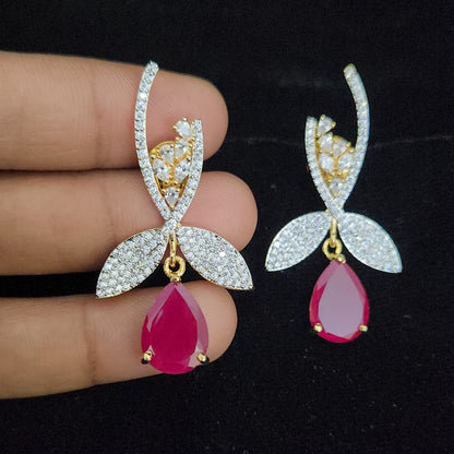 Elegant Emerald Drop and CZ Leaf Branch Earrings