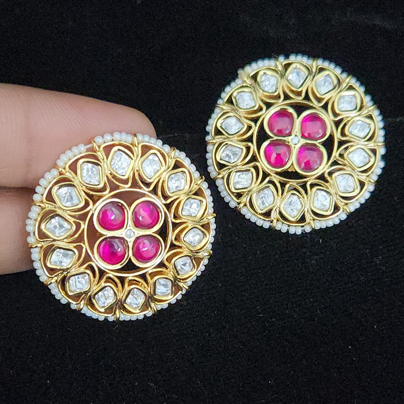 Charming Pink Kundan Floral Designer Studs