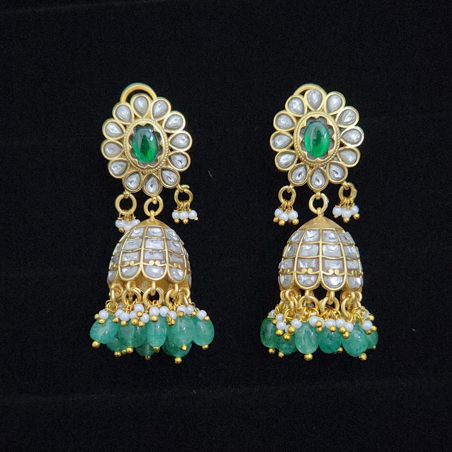 Elegant Green and White Kundan Jhumkas