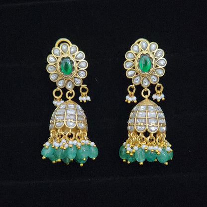 Elegant Green and White Kundan Jhumkas