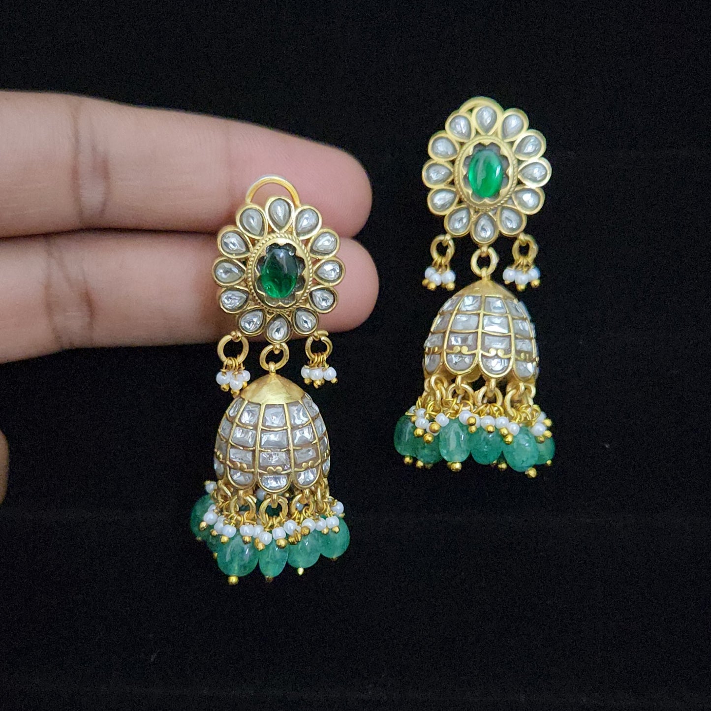 Elegant Green and White Kundan Jhumkas