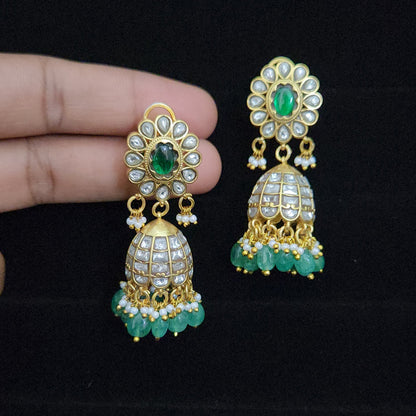 Elegant Green and White Kundan Jhumkas