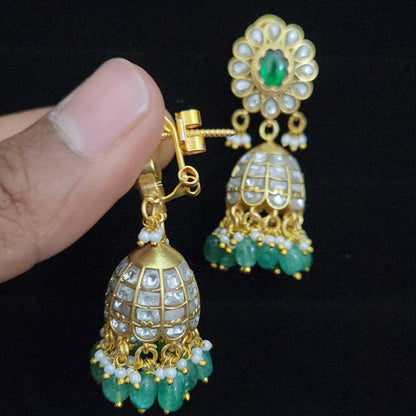 Elegant Green and White Kundan Jhumkas