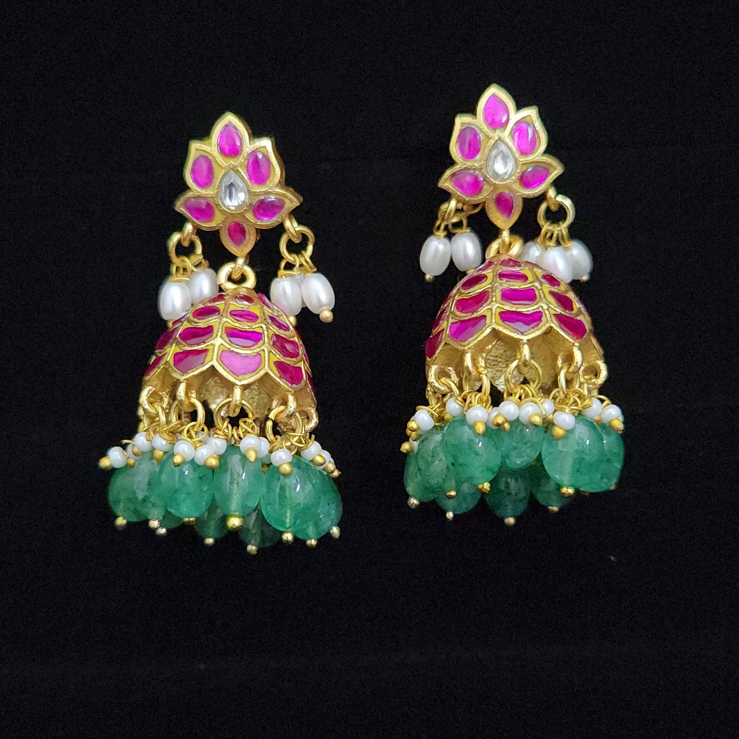 Floral Pink Kundan Jhumkas