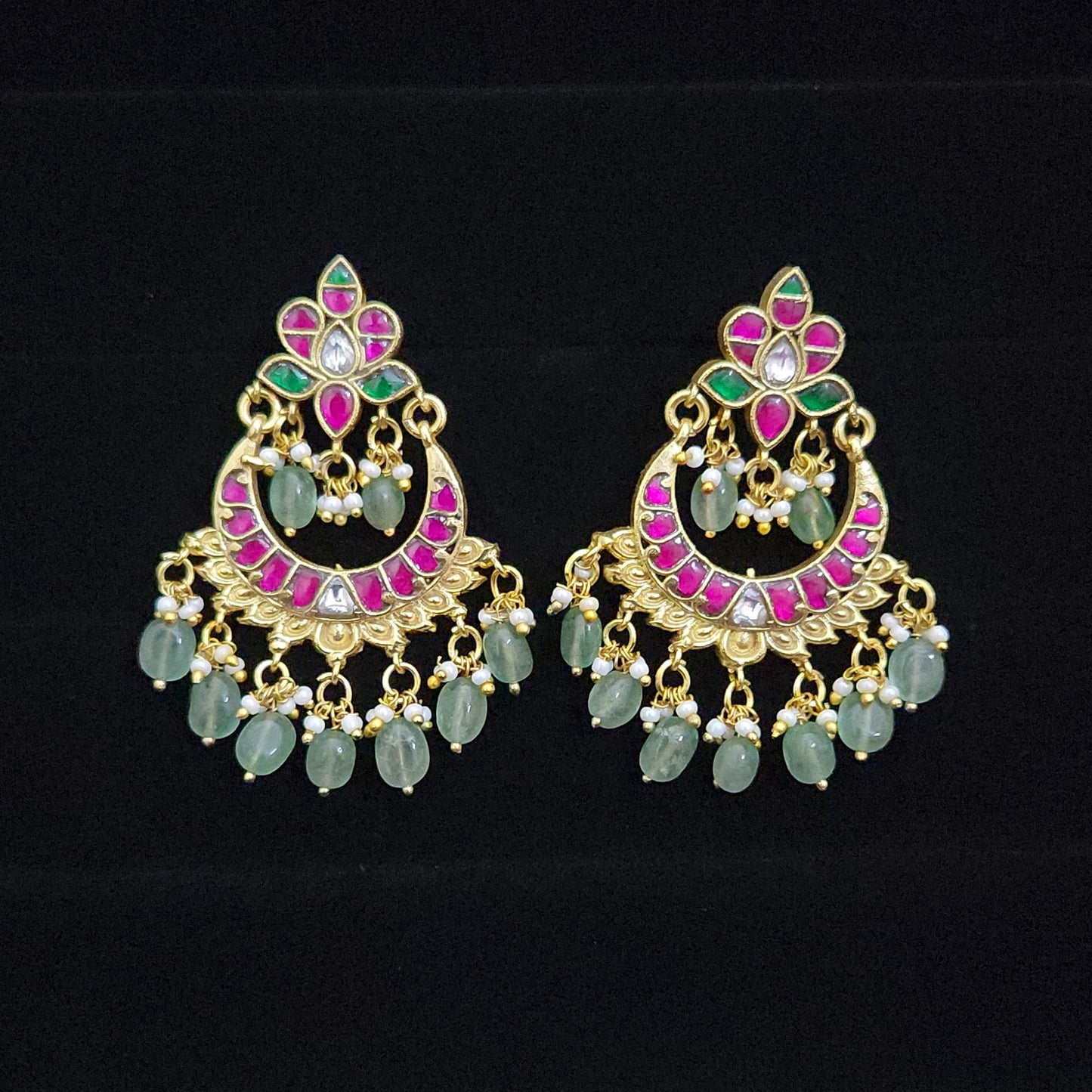 Majestic Pink & Green Chandbali Kundan Jhumkas