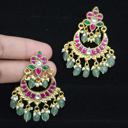 Majestic Pink & Green Chandbali Kundan Jhumkas