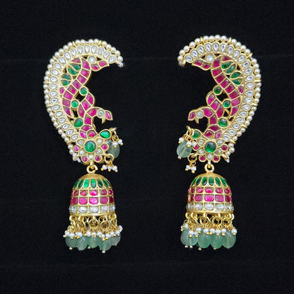 Regal Peacock Ear Cuff Kundan Jhumkas