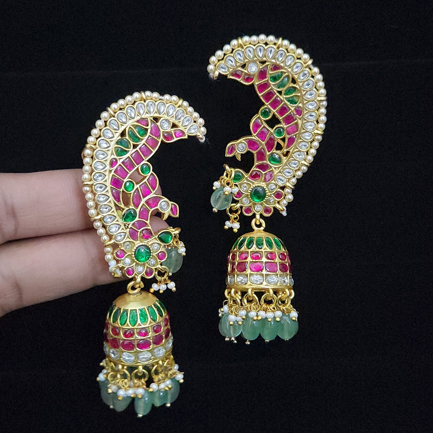 Regal Peacock Ear Cuff Kundan Jhumkas