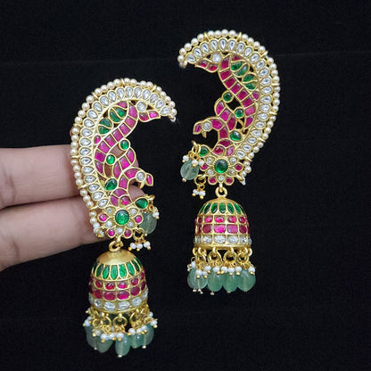 Regal Peacock Ear Cuff Kundan Jhumkas
