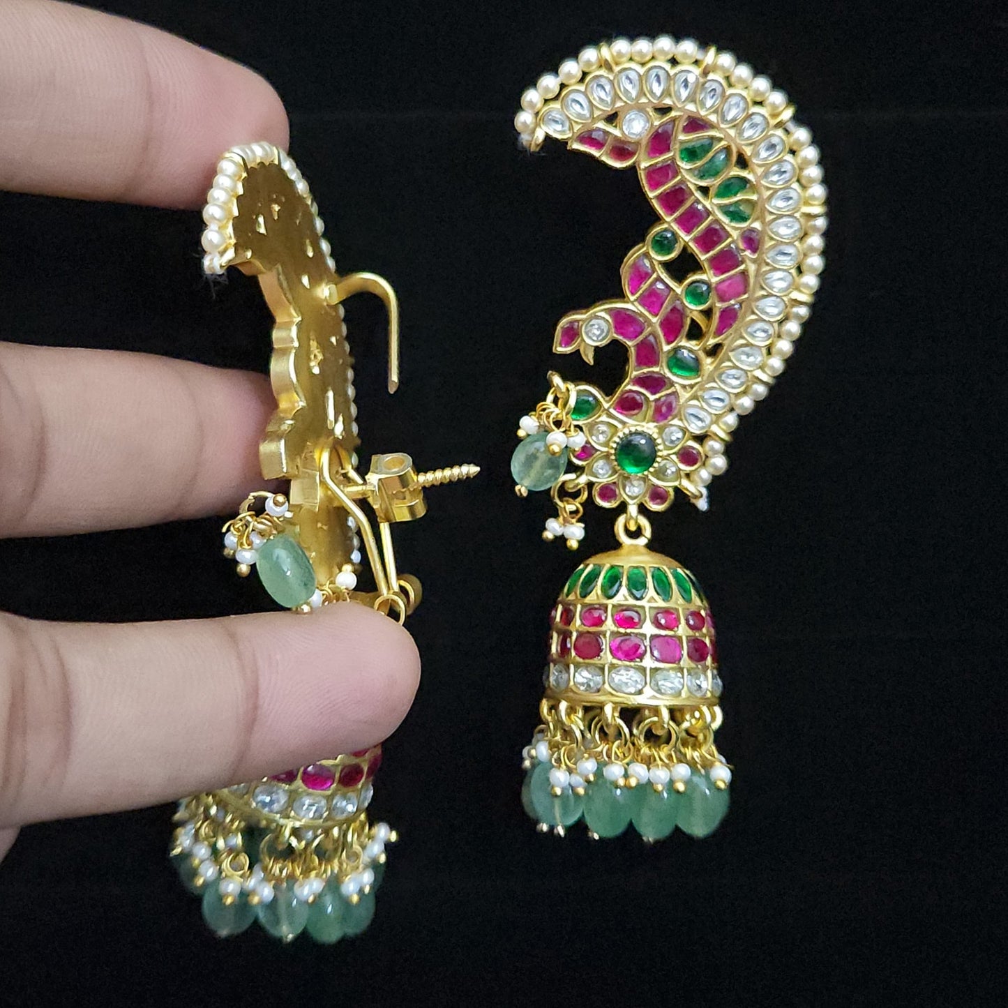Regal Peacock Ear Cuff Kundan Jhumkas