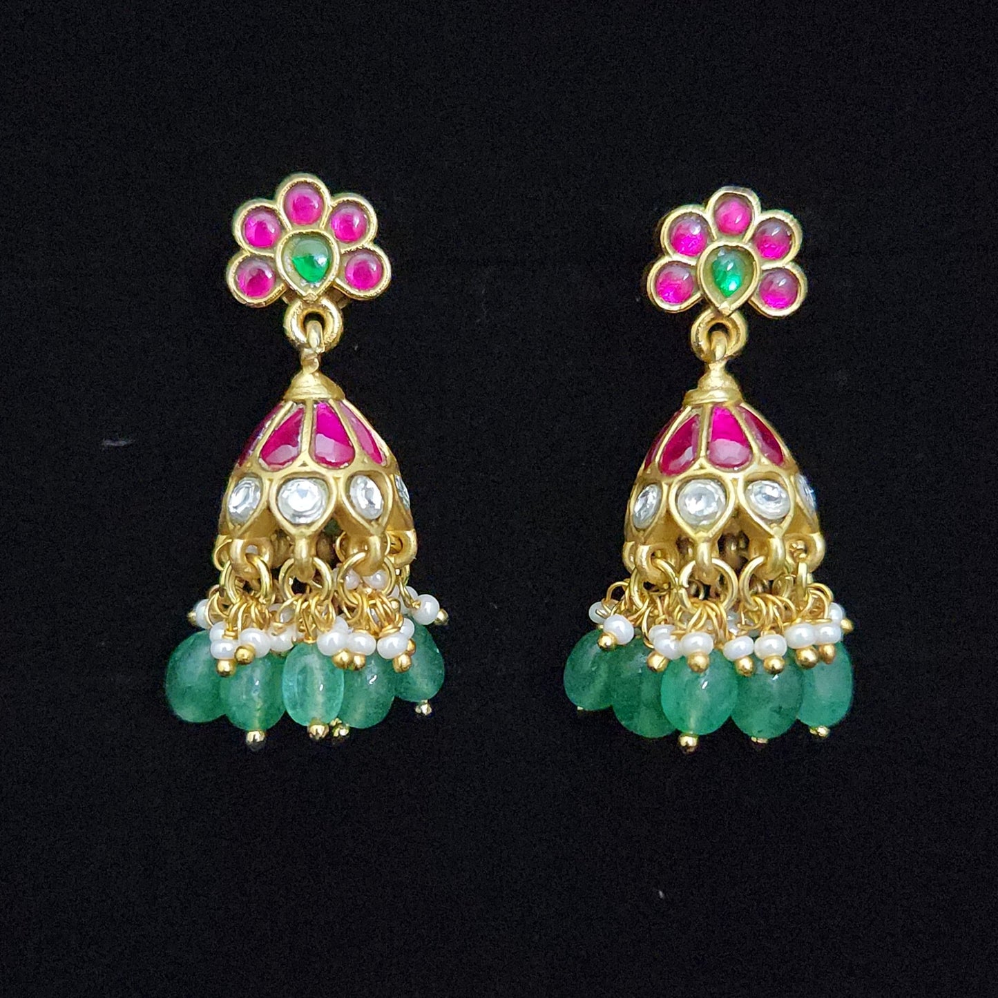 Floral Pink & Green Kundan Jhumkas