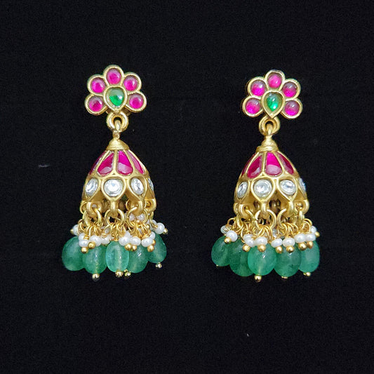 Floral Pink & Green Kundan Jhumkas