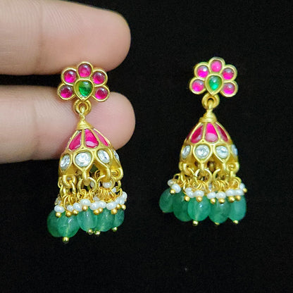 Floral Pink & Green Kundan Jhumkas