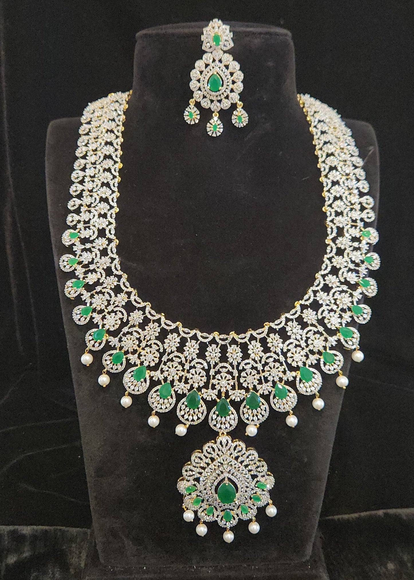 Floral Diamond Finish Long haram with CZ s and Emeralds