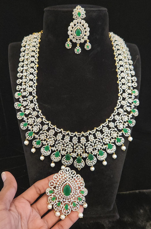 Floral Diamond Finish Long haram with CZ s and Emeralds
