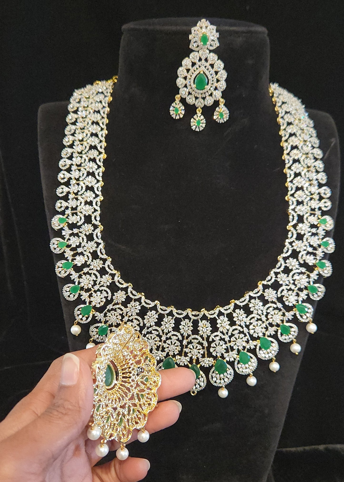 Floral Diamond Finish Long haram with CZ s and Emeralds