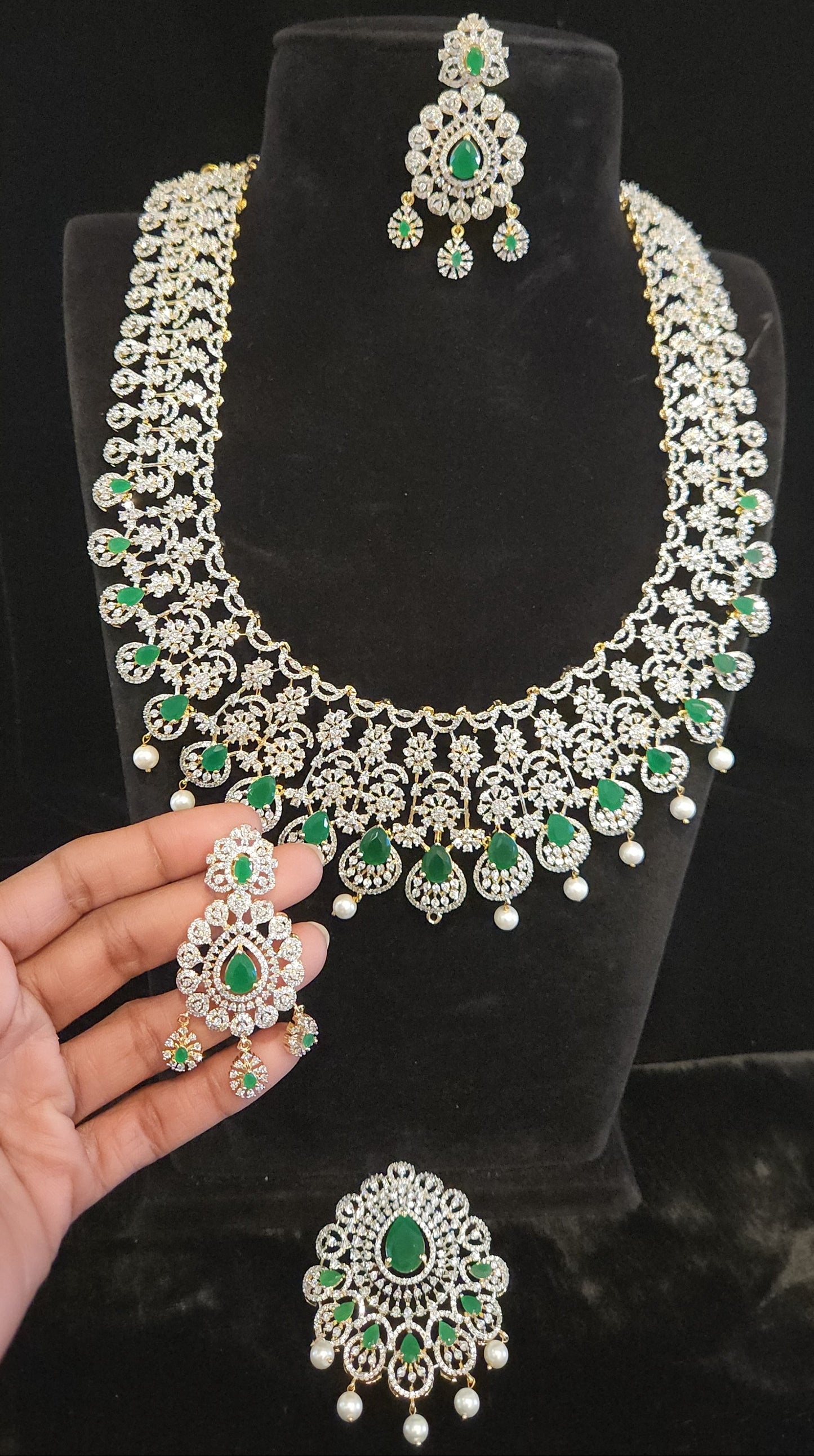 Floral Diamond Finish Long haram with CZ s and Emeralds