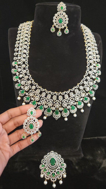 Floral Diamond Finish Long haram with CZ s and Emeralds
