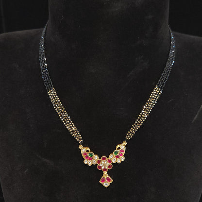 4-Layered Black Beads Chain with Kundan mango design pendant