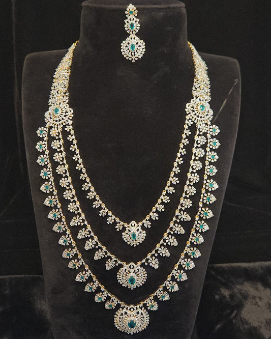 Diamond Finish Three-Layered CZ & Emerald Necklace Set