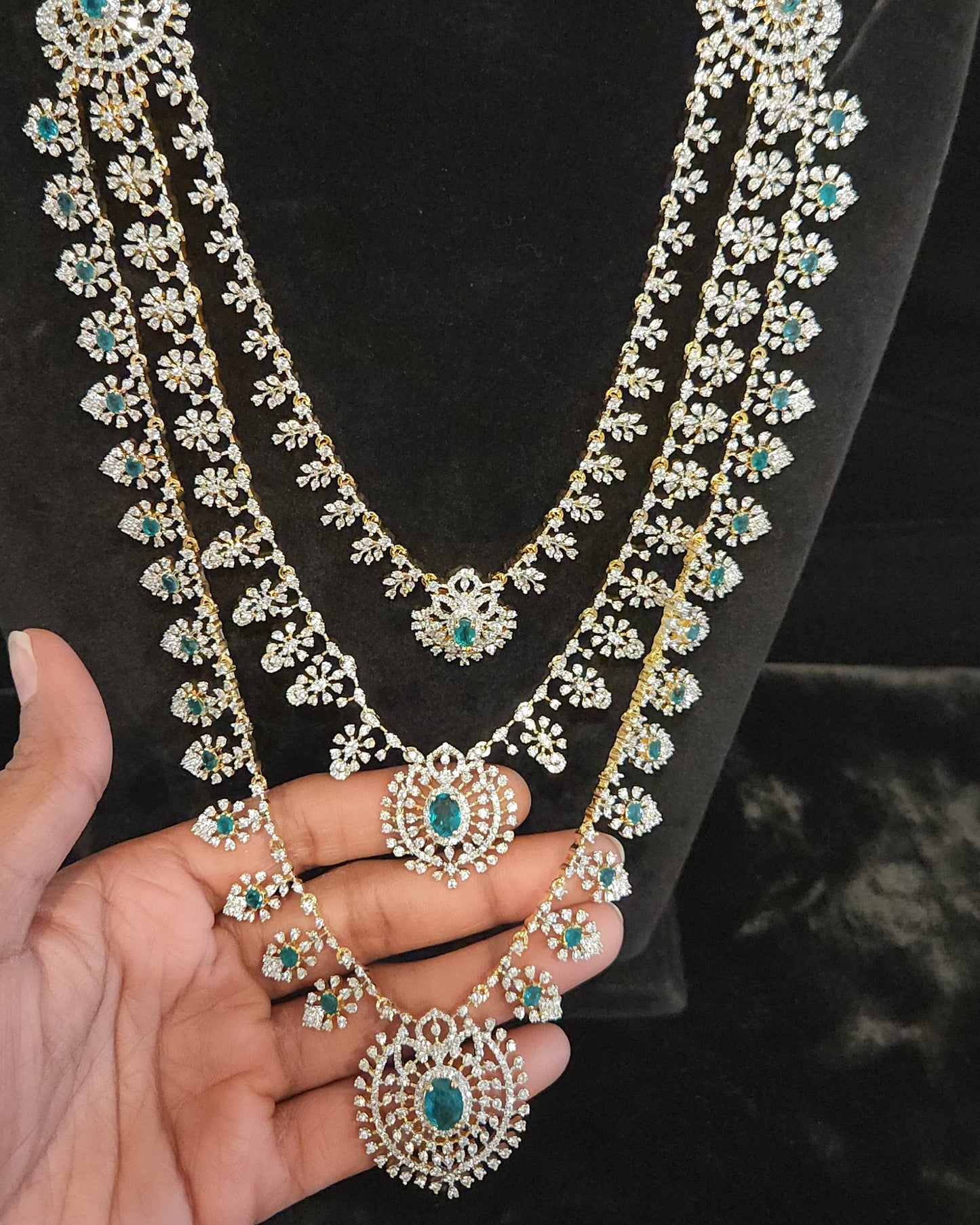 Diamond Finish Three-Layered CZ & Emerald Necklace Set
