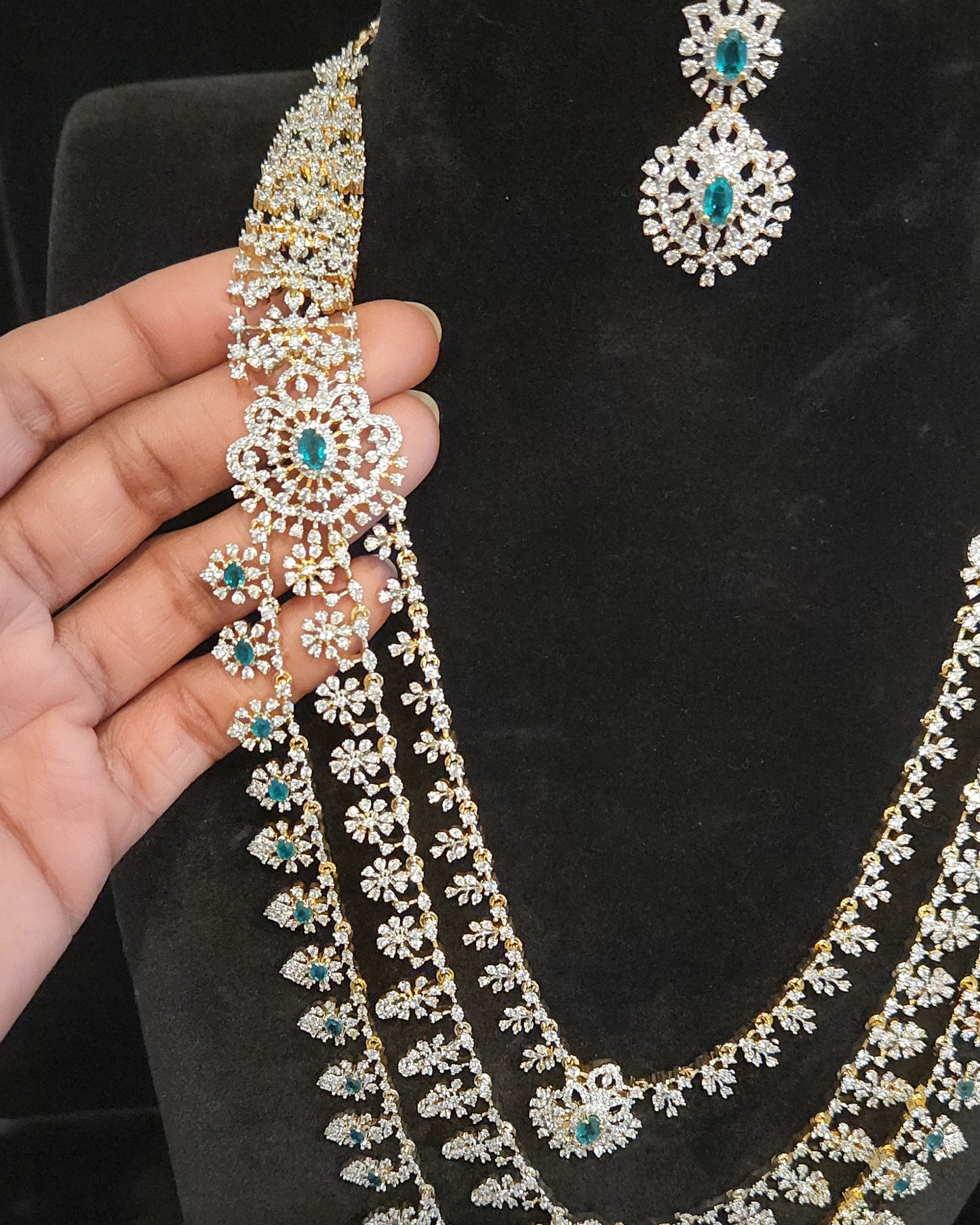 Diamond Finish Three-Layered CZ & Emerald Necklace Set