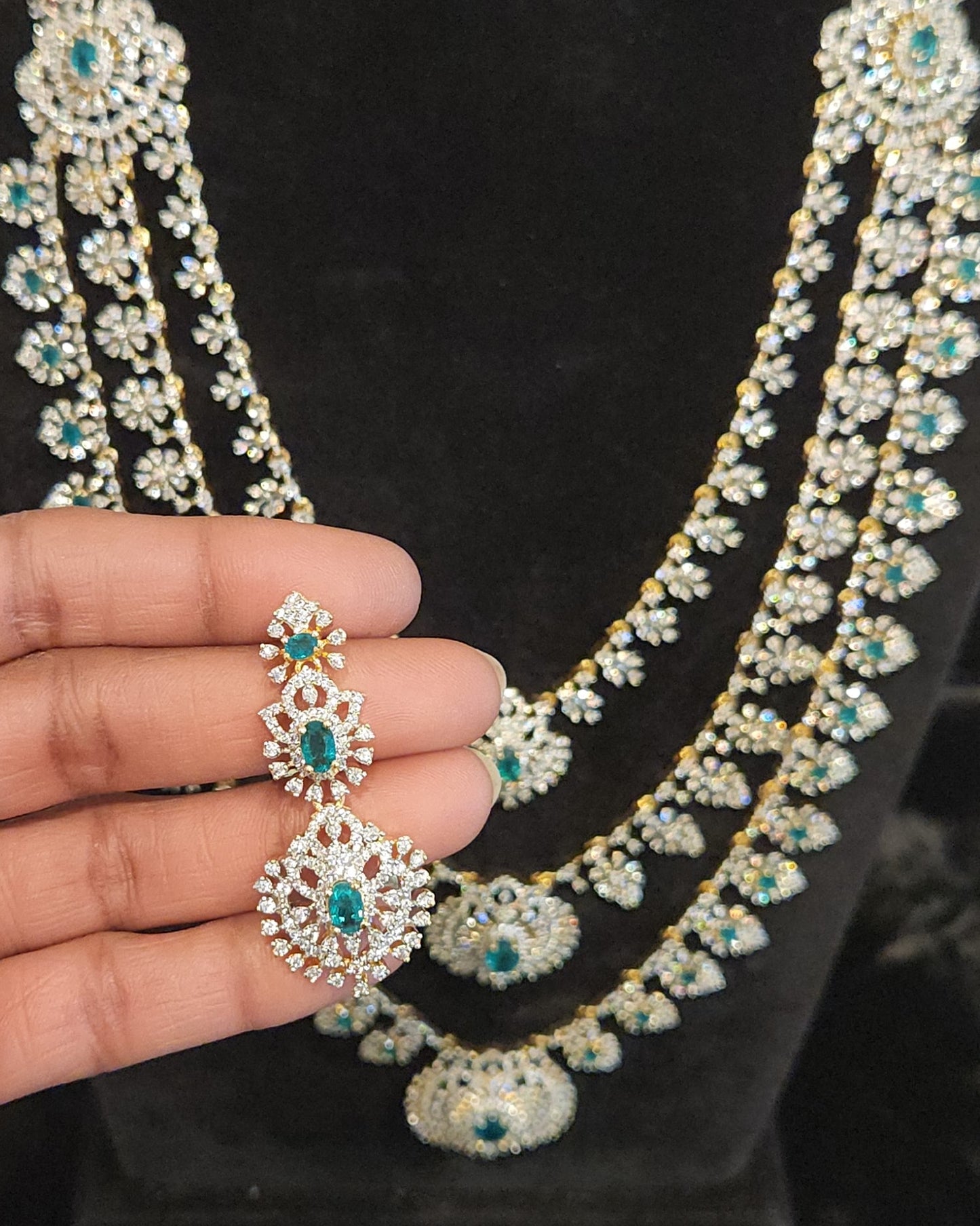 Diamond Finish Three-Layered CZ & Emerald Necklace Set