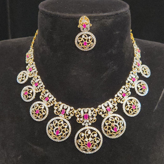 Diamond Finish Ruby Floral Bottu Necklace Set