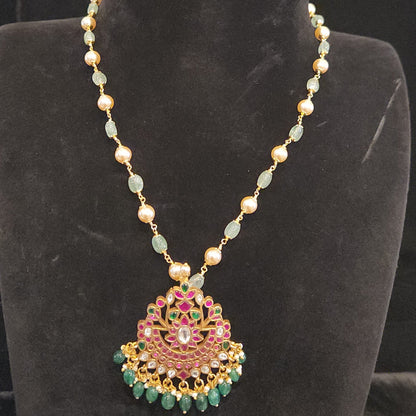 Floral Kundan Pendant with Strawberry Bead Mala