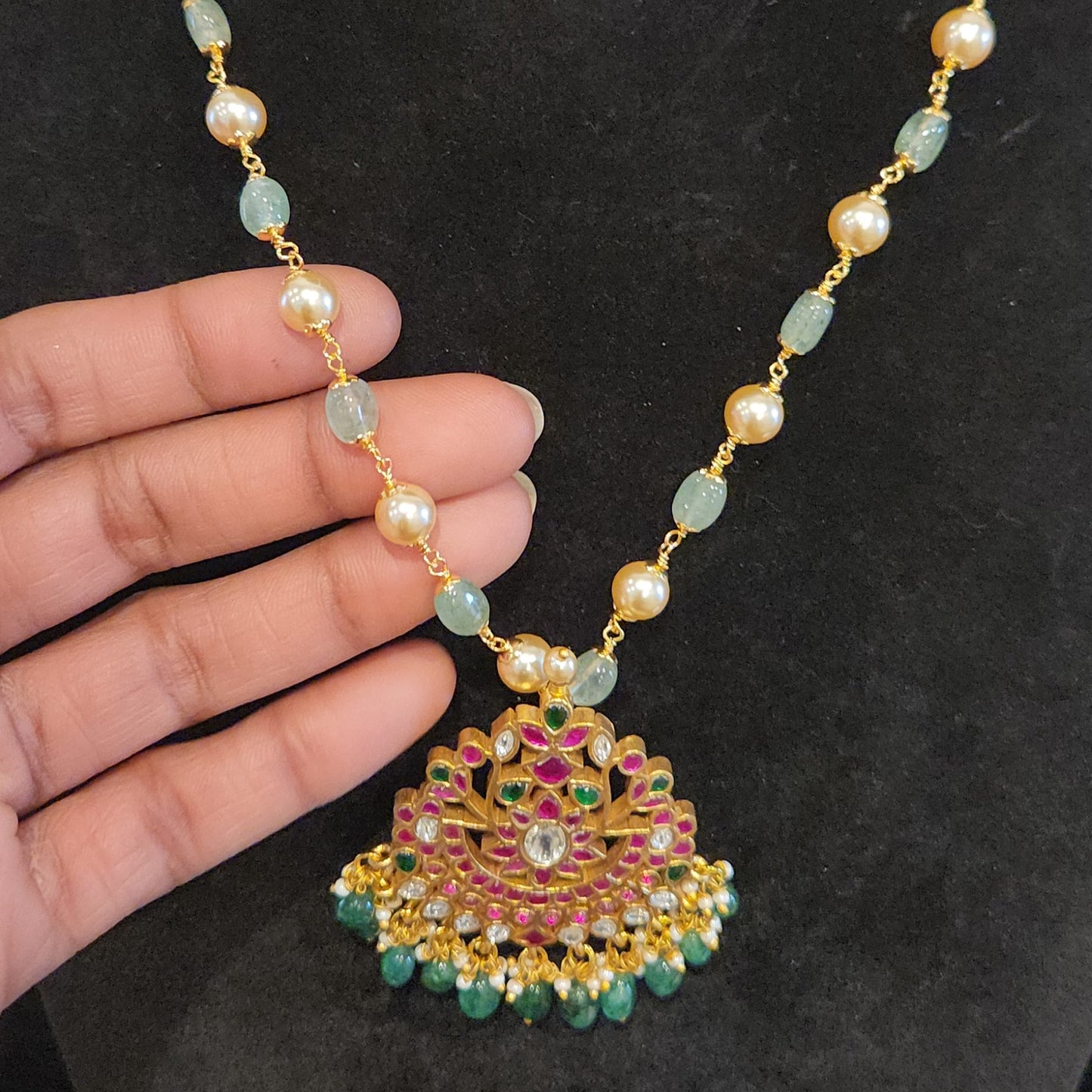 Floral Kundan Pendant with Strawberry Bead Mala