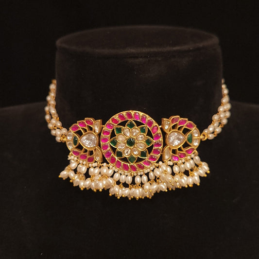 Floral Kundan Choker with Hanging Rice Beads