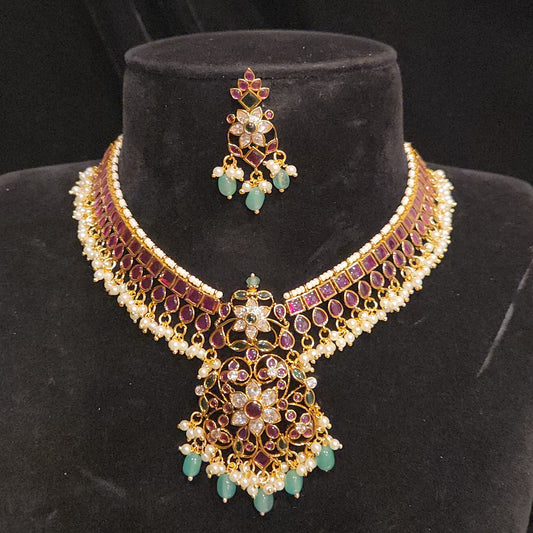 Pink Floral Pota Stone Necklace Set