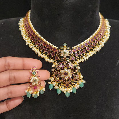 Pink Floral Pota Stone Necklace Set